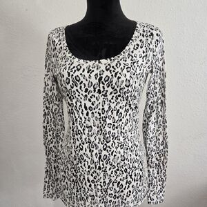 Express White and Black Leopard Scoop Neck Long Sleeve Top